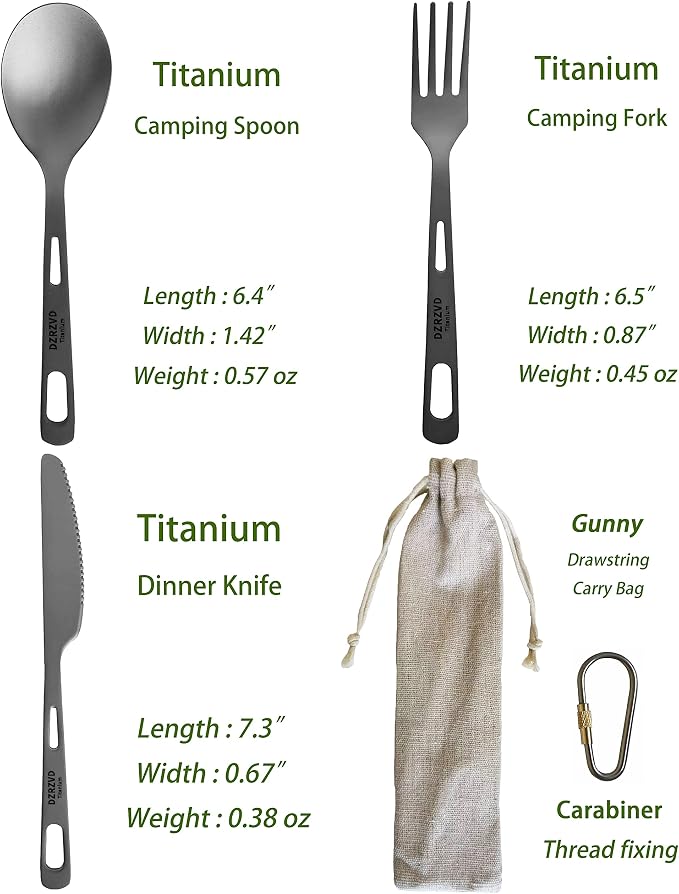 Titanium Spoon Fork Knife Set with Carabiner