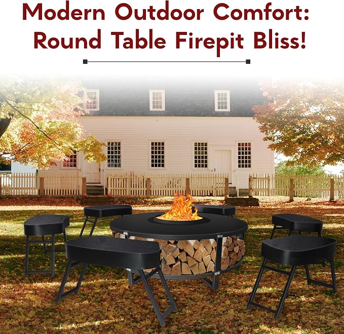 Smokeless Fire Pit + Surround Table + Wood Storage + 6 Chairs