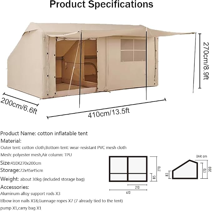 L:Cotton Canvas-13.5'Lx6.6'Wx8.9'H (4.1X2X2.7m)
