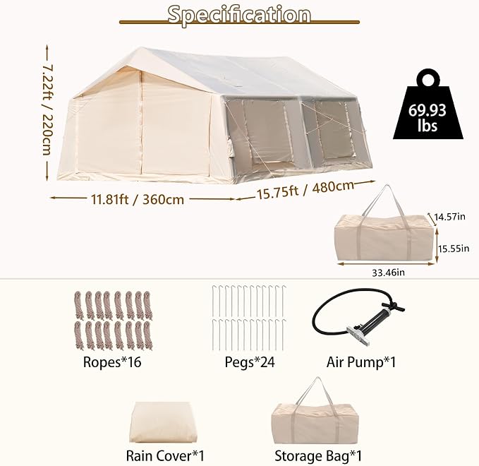 11.81ft*15.75ft*7.22ft (8-12 person)(Beige)(w/ Rain Cover)