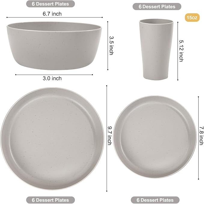 24pcs Grey Wheat Straw Plates and Bowls Cups