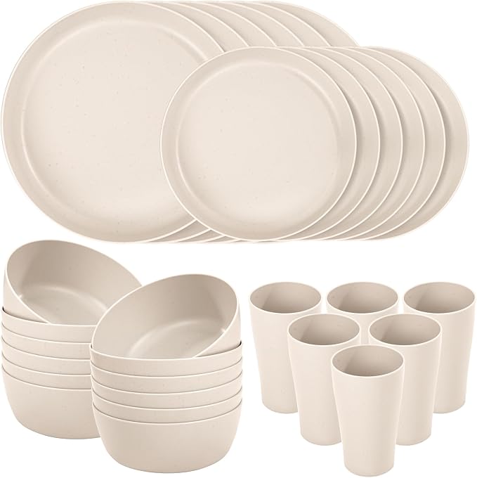 24pcs Beige Wheat Straw Plates and Bowls Cups