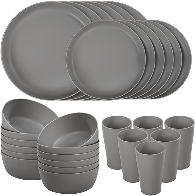 24pcs Dark Grey Wheat Straw Plates and Bowls Cups
