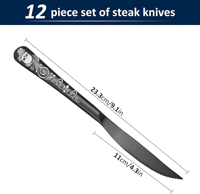 10-Steak Knife-12Pc-Black-Skull