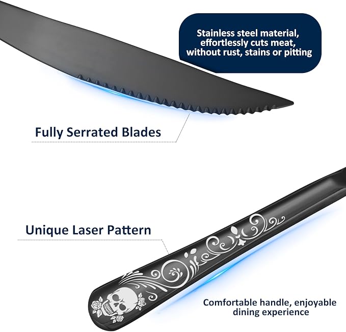 10-Steak Knife-12Pc-Black-Skull