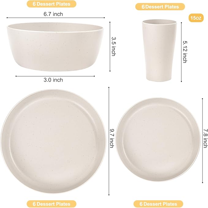 24pcs Beige Wheat Straw Plates and Bowls Cups