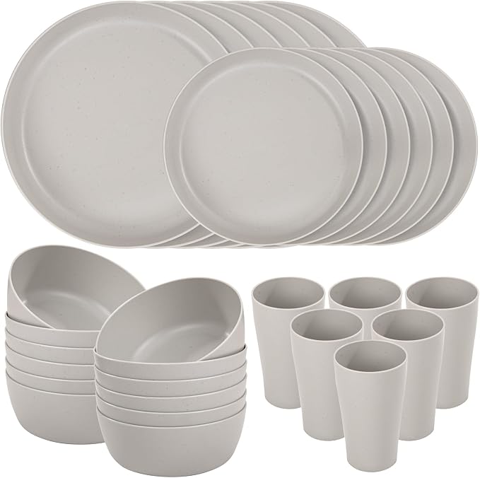 24pcs Grey Wheat Straw Plates and Bowls Cups