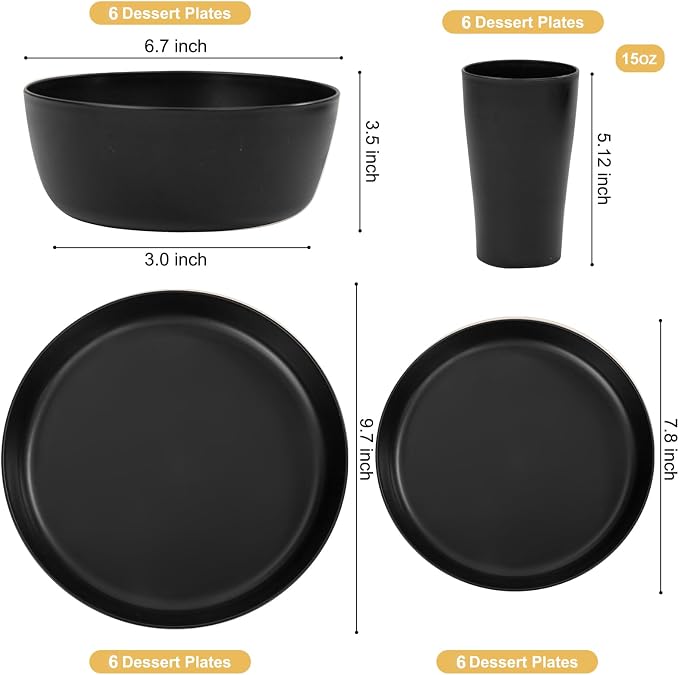 24pcs Black Wheat Straw Plates and Bowls Cups