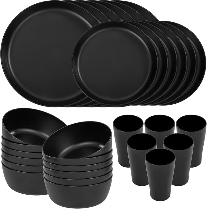 24pcs Black Wheat Straw Plates and Bowls Cups