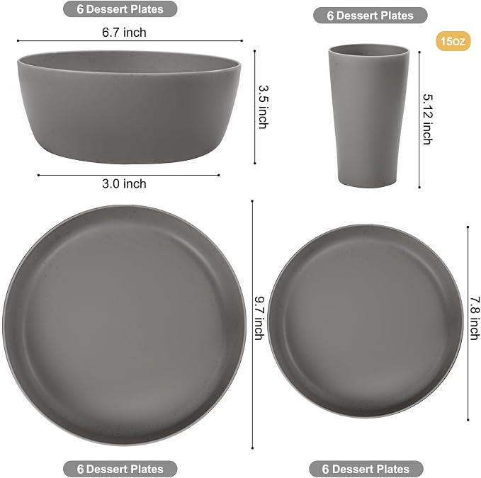 24pcs Dark Grey Wheat Straw Plates and Bowls Cups
