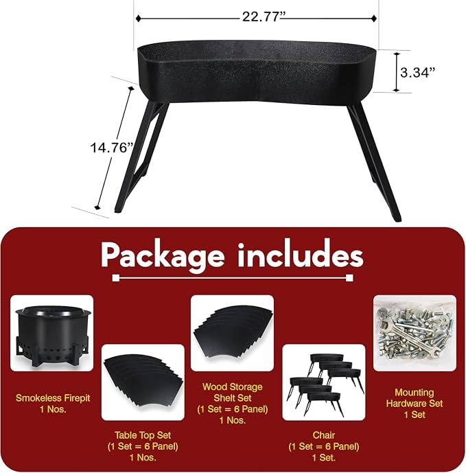 Smokeless Fire Pit + Surround Table + Wood Storage + 6 Chairs
