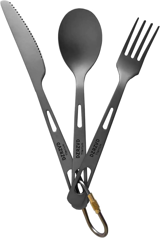 Titanium Spoon Fork Knife Set with Carabiner
