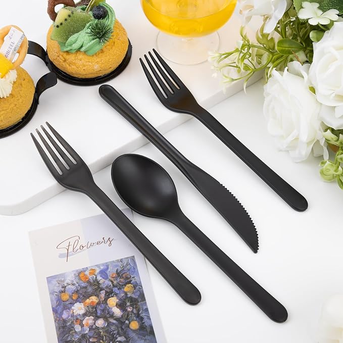 180pcs Black Wheat Straw Plastic Silverware