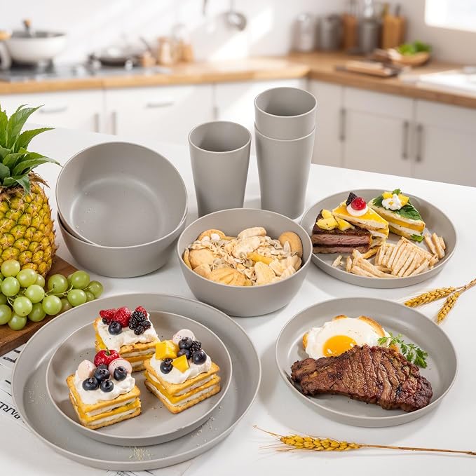 24pcs Grey Wheat Straw Plates and Bowls Cups
