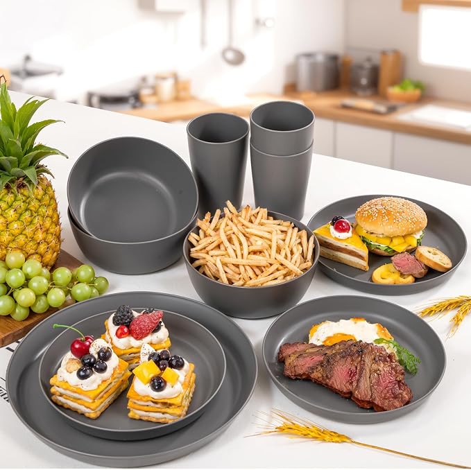 24pcs Dark Grey Wheat Straw Plates and Bowls Cups