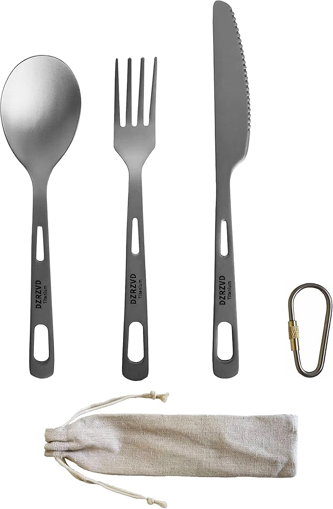 Titanium Spoon Fork Knife Set with Carabiner
