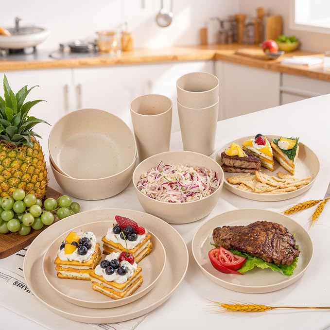 24pcs Beige Wheat Straw Plates and Bowls Cups