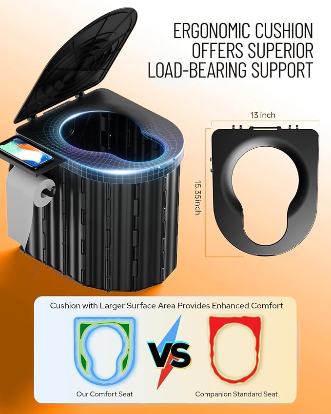 Black Toilet and Orange Tent with Light