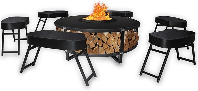 Smokeless Fire Pit + Surround Table + Wood Storage + 6 Chairs