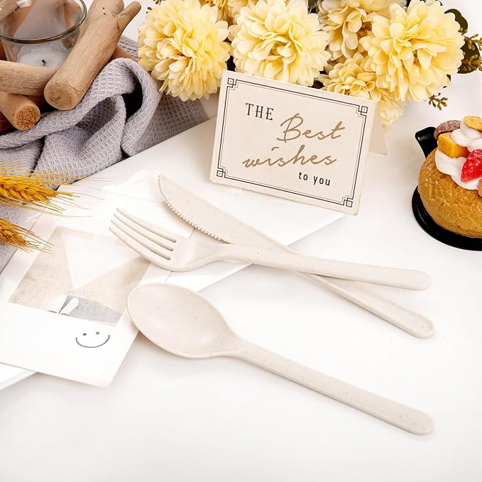 180pcs Beige Wheat Straw Plastic Silverware