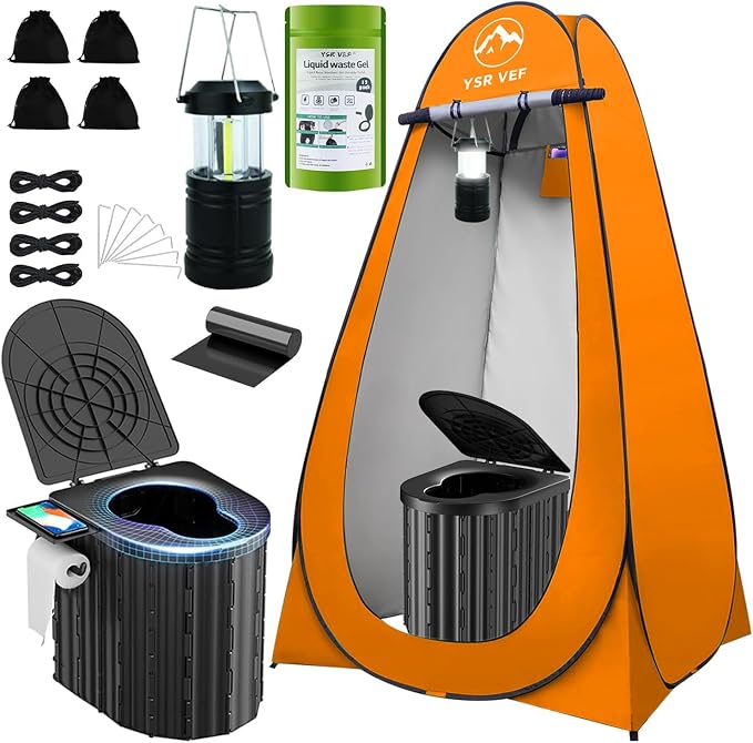 Black Toilet and Orange Tent with Light