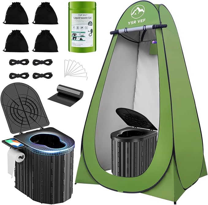 Black Toilet and Green Tent
