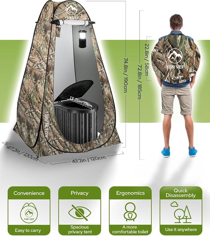 Black Toilet and Camouflage Tent with Light