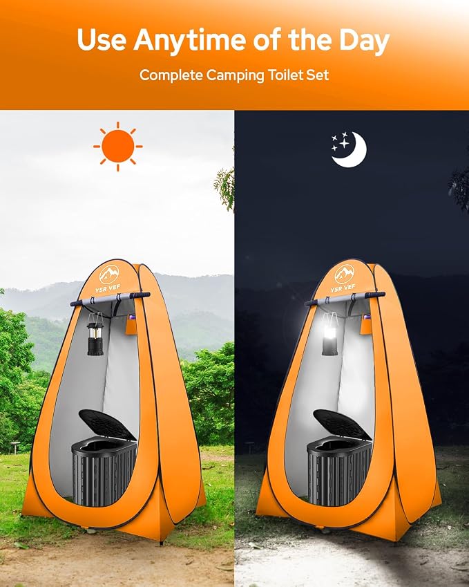 Black Toilet and Orange Tent with Light