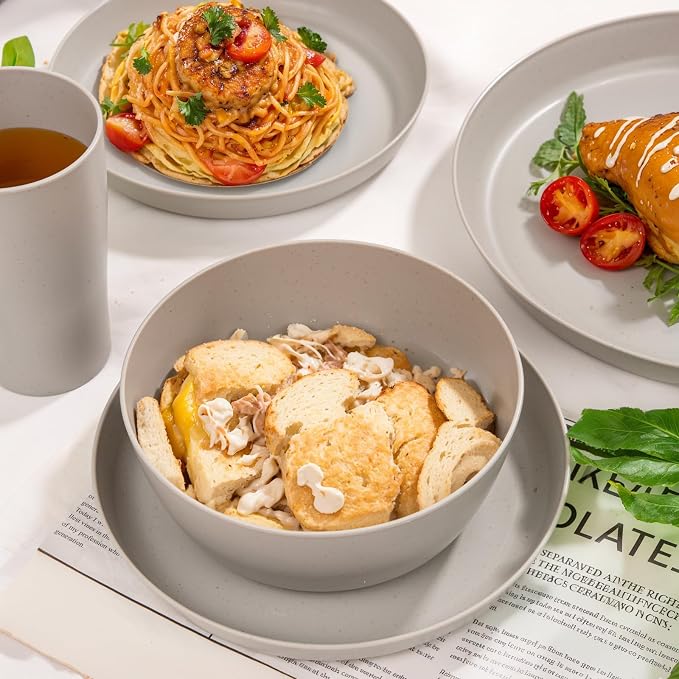 24pcs Grey Wheat Straw Plates and Bowls Cups
