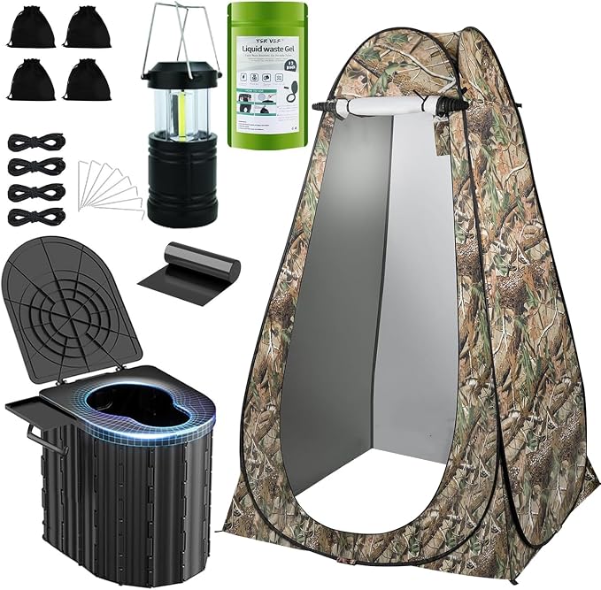Black Toilet and Camouflage Tent with Light