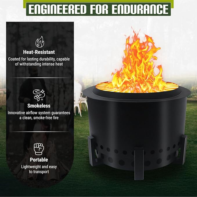 Smokeless Fire Pit + Surround Table + Wood Storage