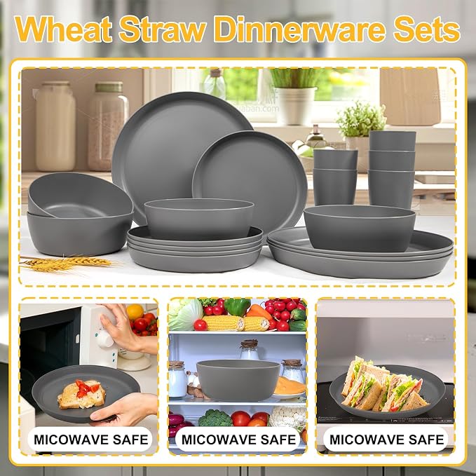 24pcs Dark Grey Wheat Straw Plates and Bowls Cups