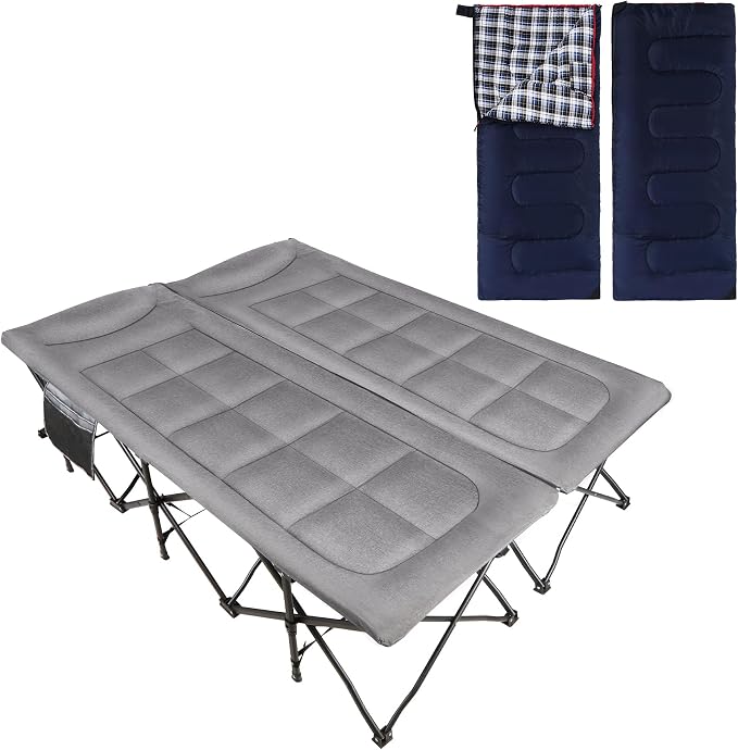 Cot With 2 Pcs Thickned Navy Blue Sleeping Bags