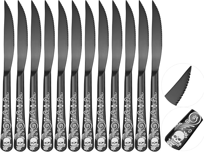 10-Steak Knife-12Pc-Black-Skull