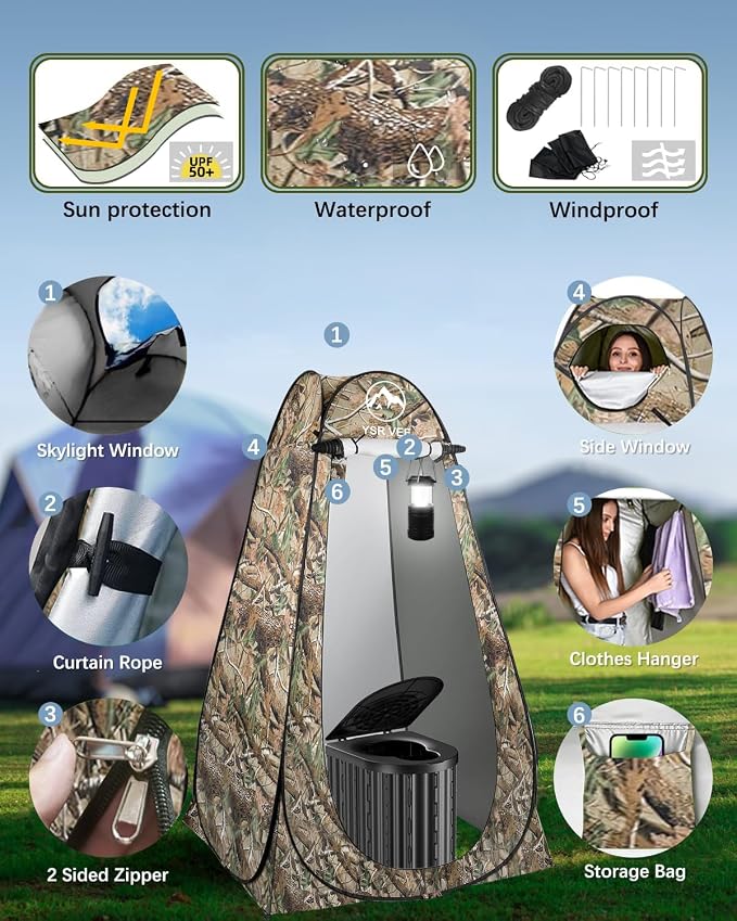 Black Toilet and Camouflage Tent with Light