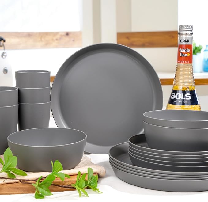 24pcs Dark Grey Wheat Straw Plates and Bowls Cups