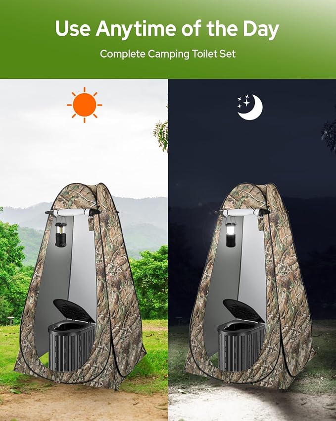 Black Toilet and Camouflage Tent with Light