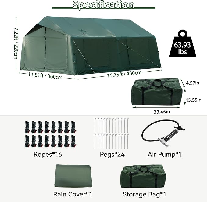 11.81ft*15.75ft*7.22ft (8-12 person)(Green)(w/ Rain Cover)