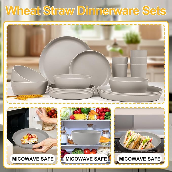 24pcs Grey Wheat Straw Plates and Bowls Cups