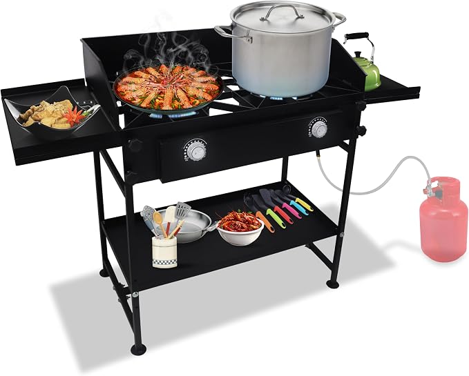 Two Burner Stove + Dual Side Shelf + Bottom Shelf + Wind Guard
