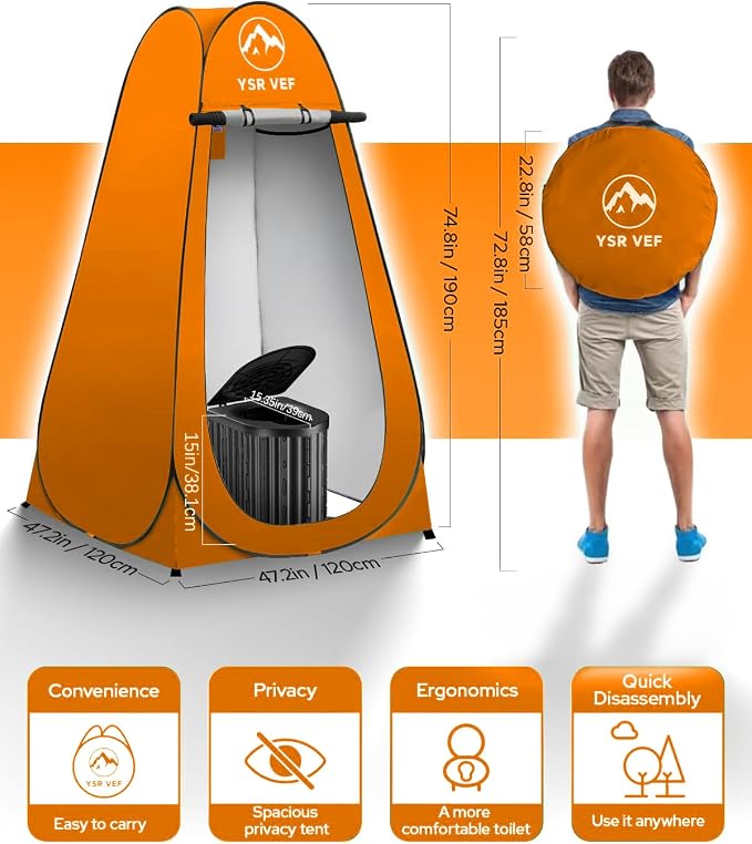 Black Toilet and Orange Tent with Light
