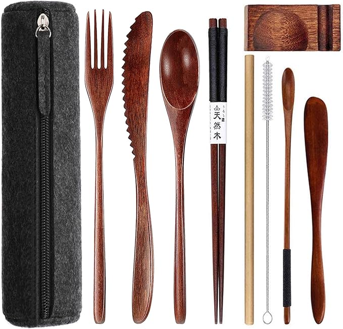 Wooden Utensils for Eating with Updated Case