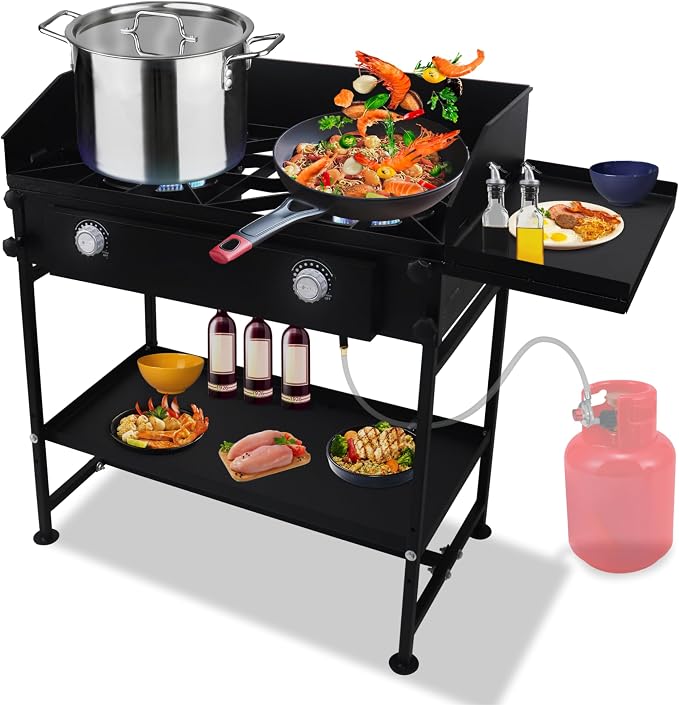 Two Burner Stove + Side Shelf + Bottom Shelf + Wind Guard