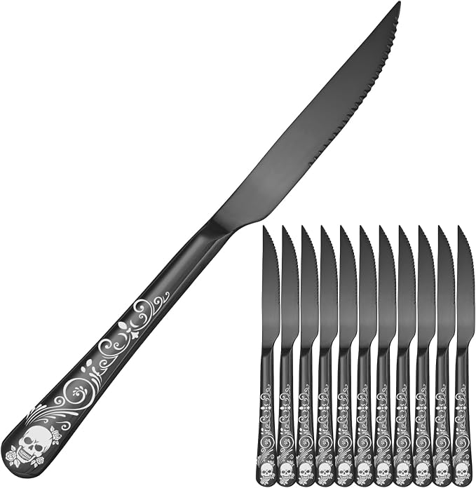 10-Steak Knife-12Pc-Black-Skull