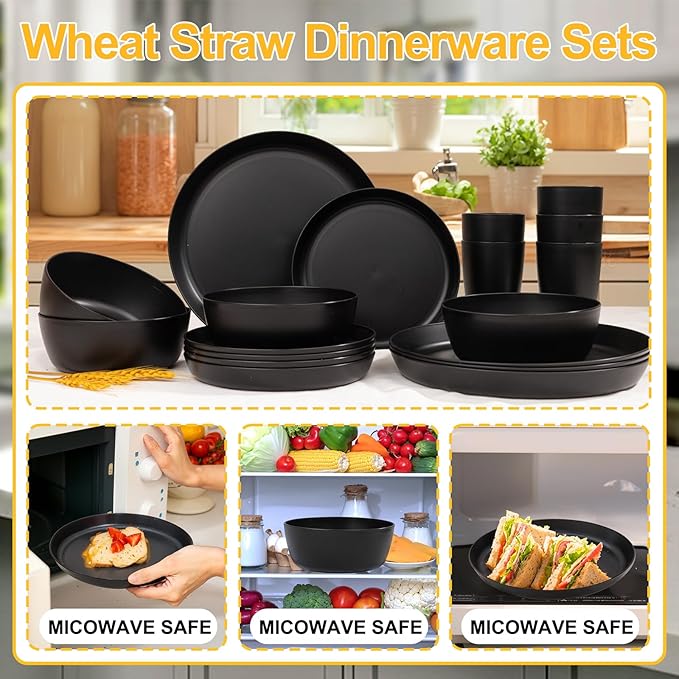 24pcs Black Wheat Straw Plates and Bowls Cups