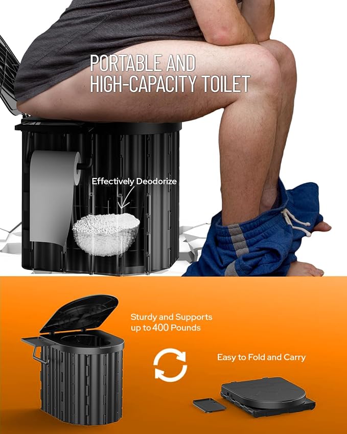 Black Toilet and Orange Tent with Light