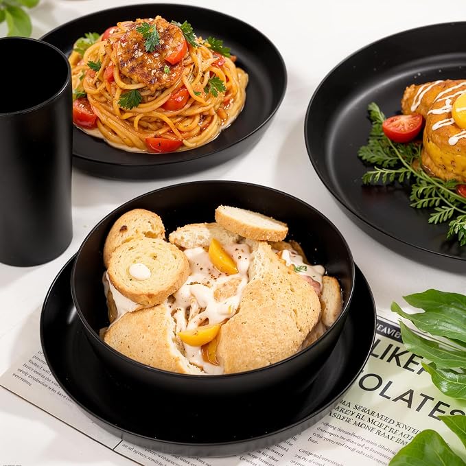 24pcs Black Wheat Straw Plates and Bowls Cups