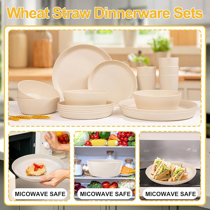 24pcs Beige Wheat Straw Plates and Bowls Cups