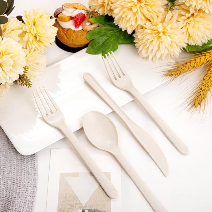 180pcs Beige Wheat Straw Plastic Silverware