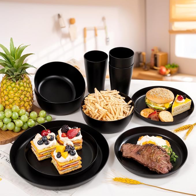 24pcs Black Wheat Straw Plates and Bowls Cups